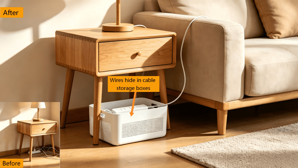 Wires hide in cable storage boxes