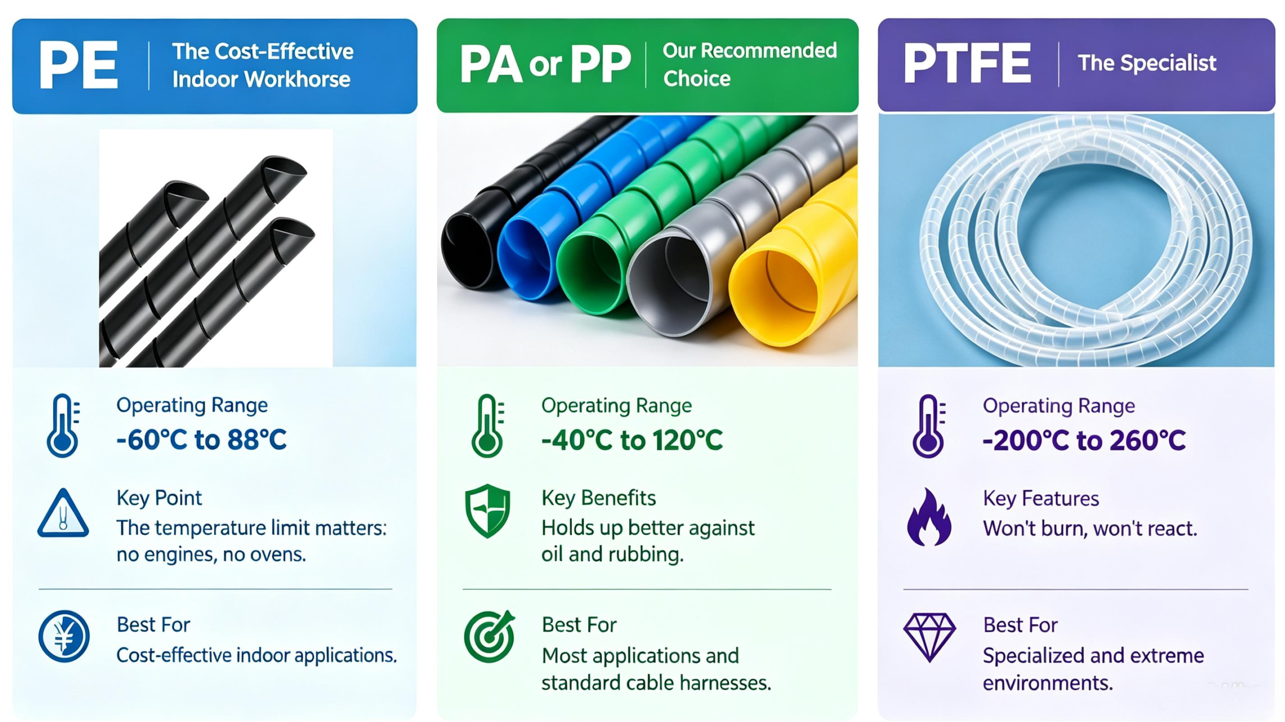 Spiral wrap material selection for hot environments Spiral wrap material selection for hot environments
