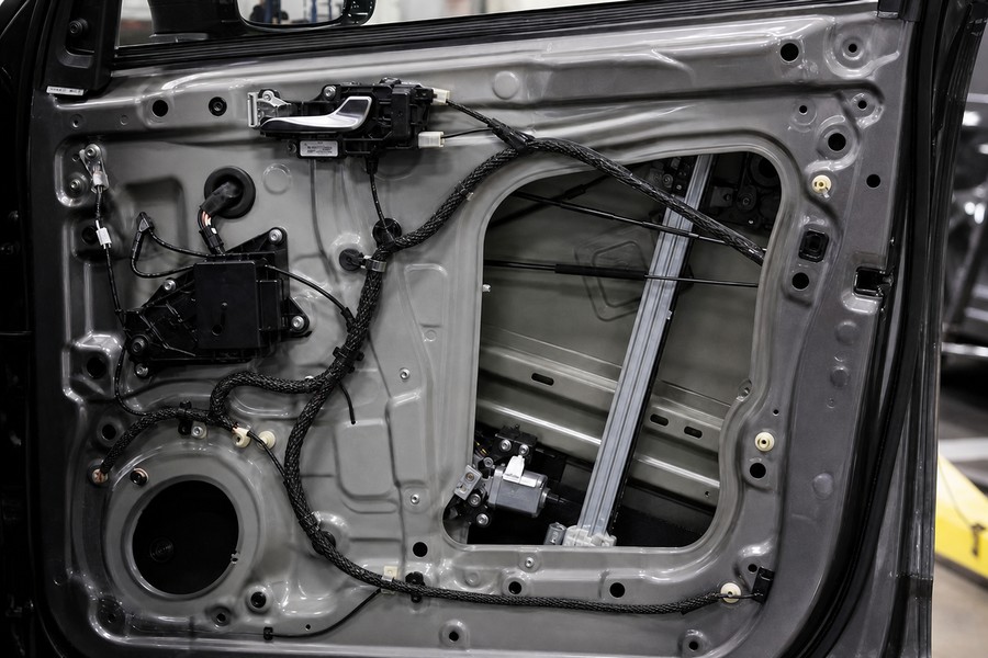 Black PET braided sleeving protecting an automotive door harness