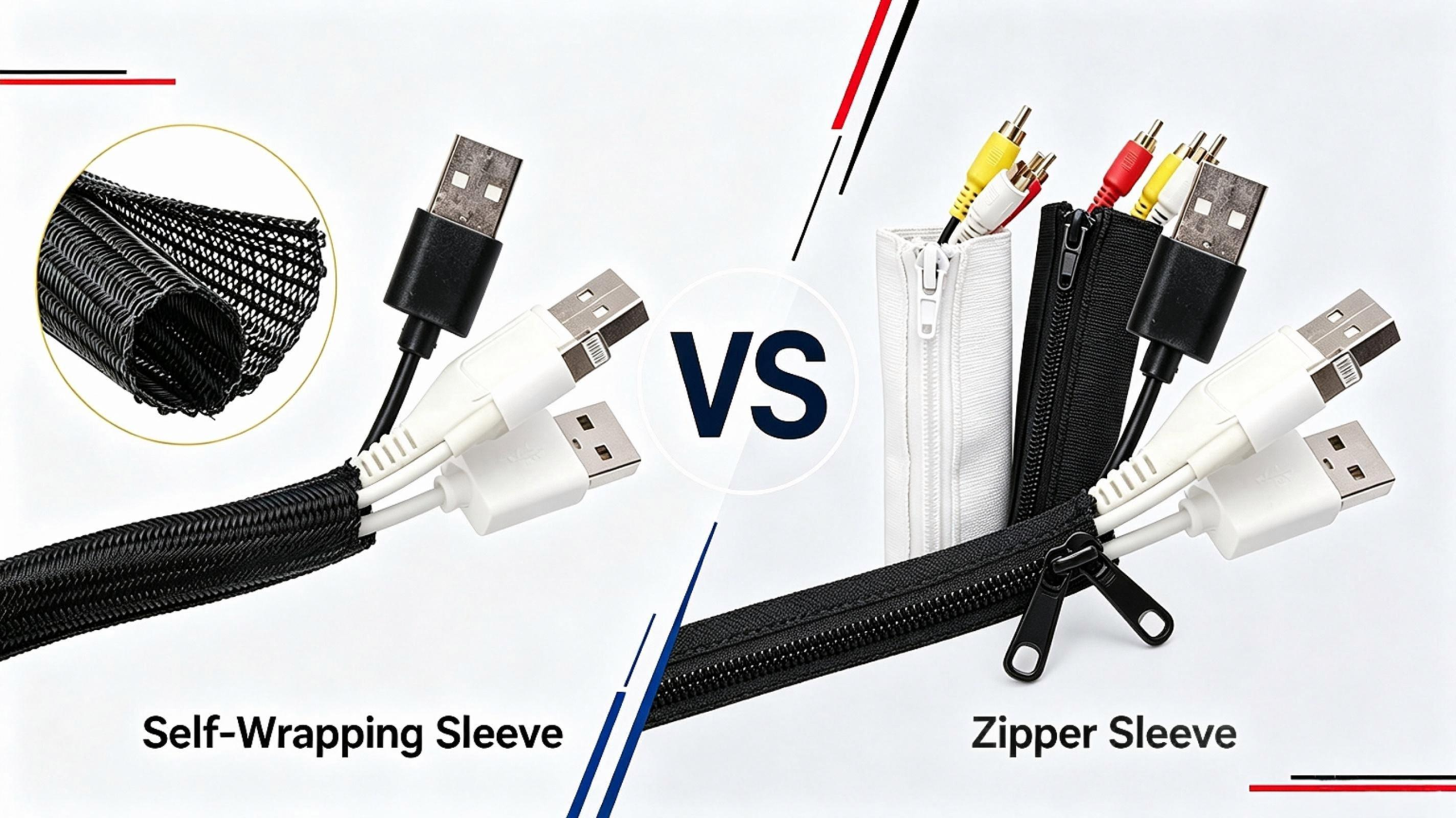 Self-wrapping braided sleeve versus zipper sleeve